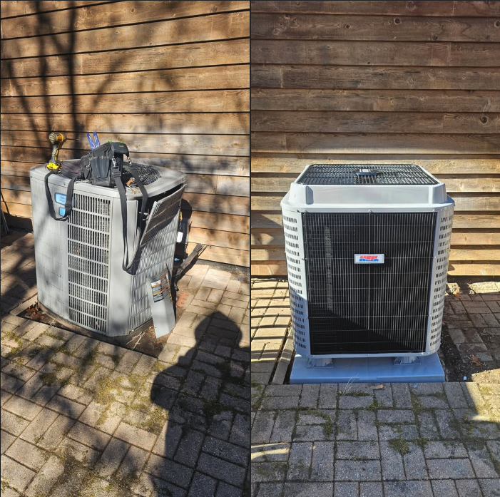 Side-by-side comparison of an old, worn air conditioning unit on the left and a new, clean air conditioning unit on the right, both positioned outside a wooden wall.